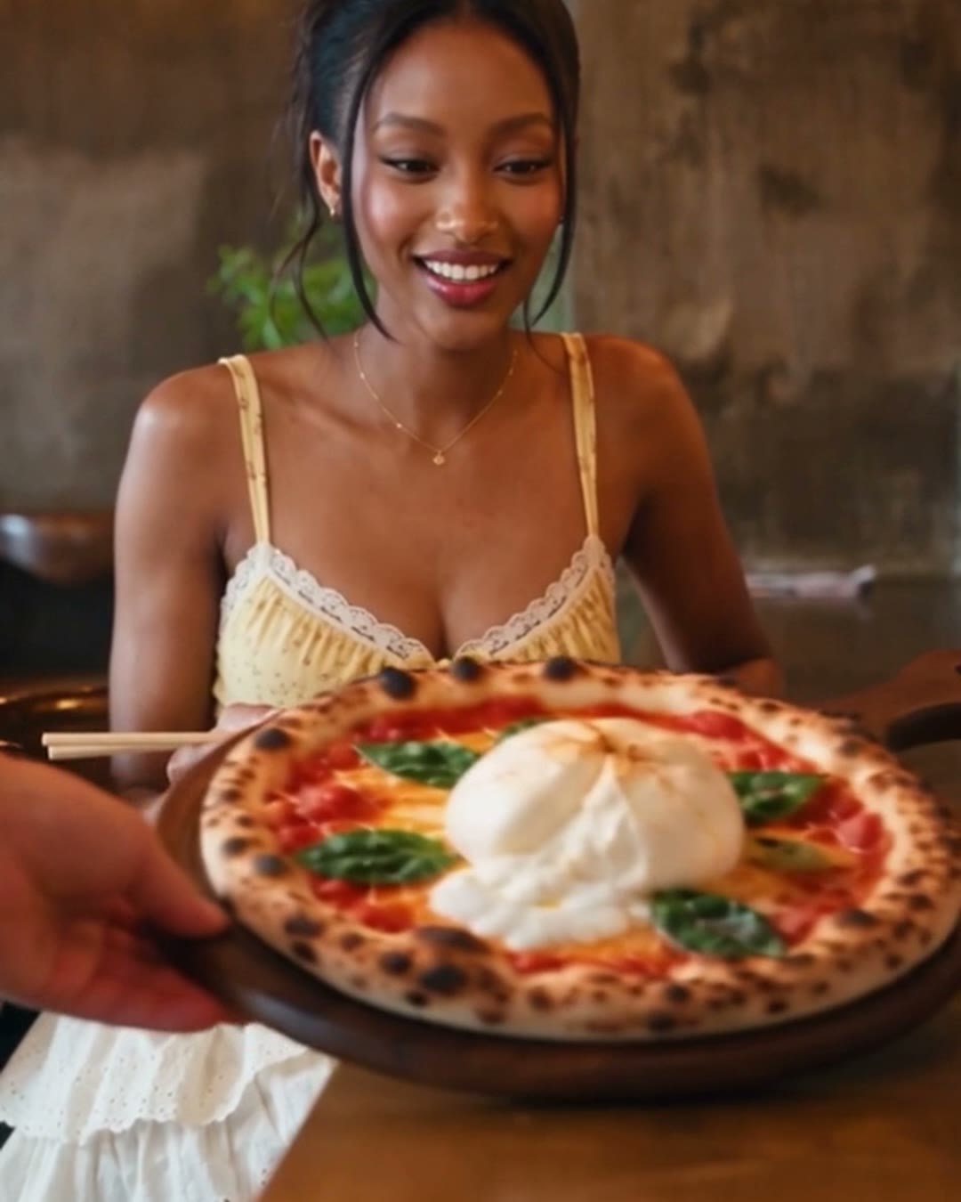 Burrata pizza served at ChiQ, from Nataka Inc's AI new-menu film for ChiQ Japanese restaurant